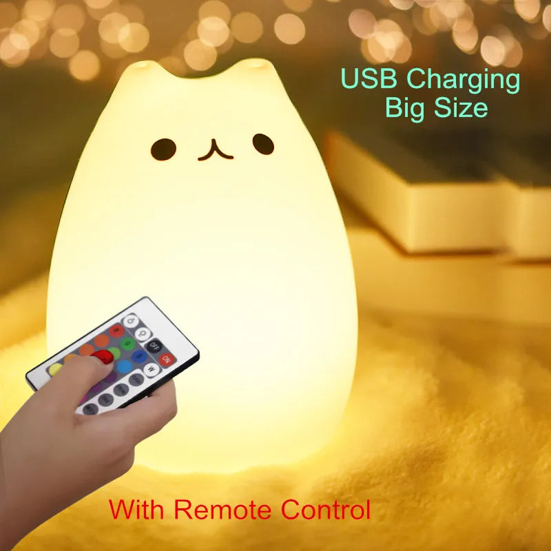 Cute Silicone LED Night Light for Baby Kids Children Bedroom Touch Sensor Remote Cat Lamp Decoration Room Decor Holiday Gift Toy